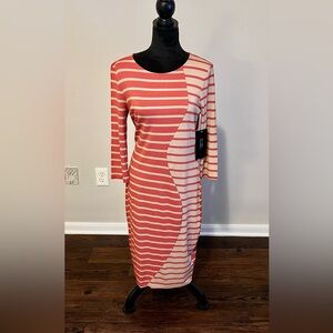 Spense Coral and Tan Striped 3/4 Sleeve Dress